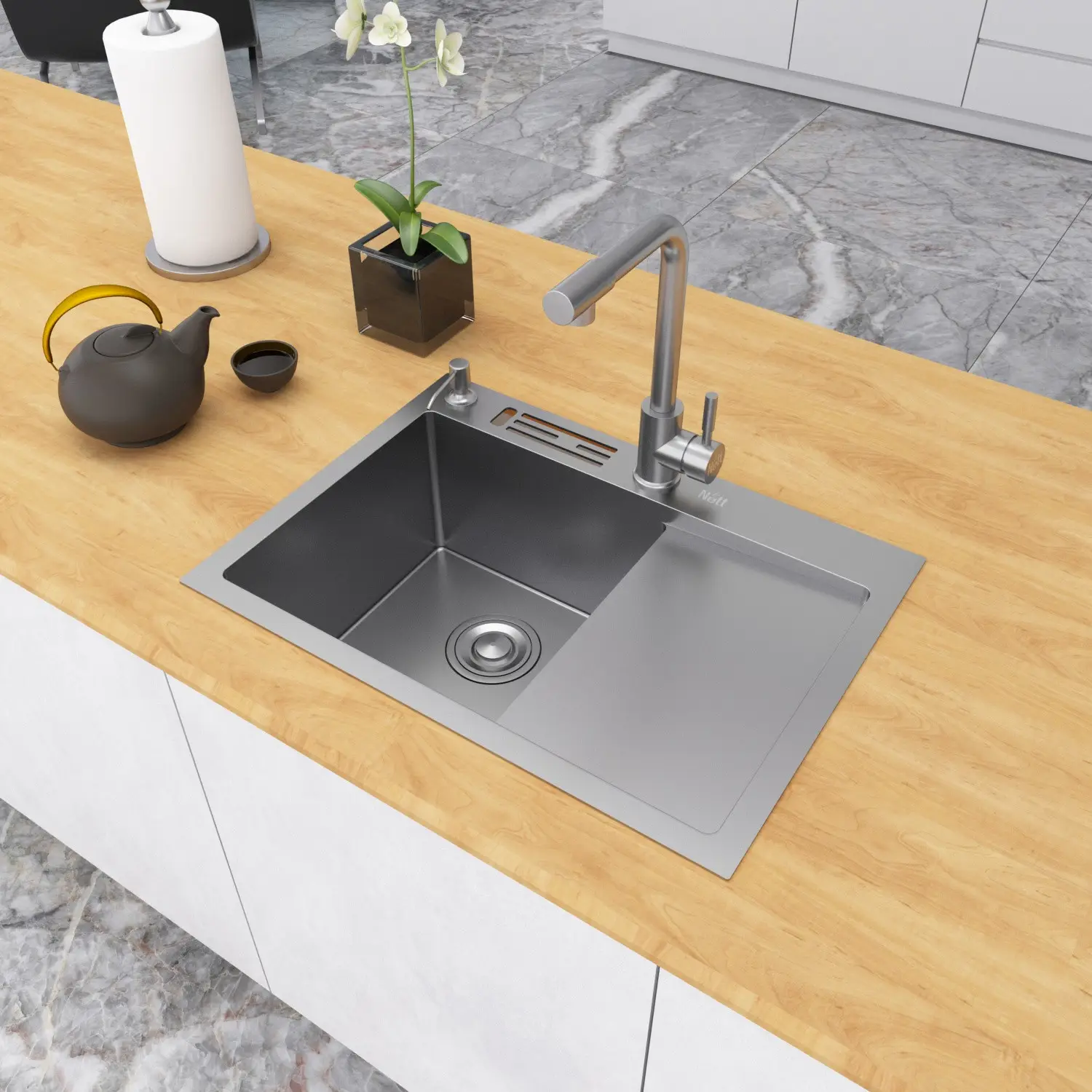Zlewozmywak stalowy z ociekaczem po prawej stronie inox Nett NS-6045(R)