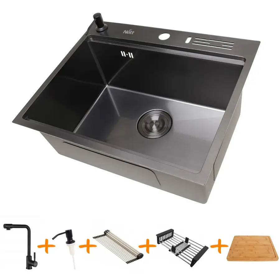 Zestaw czarny zlewozmywak kuchenny i bateria ze stali nierdzewnej NB-5747