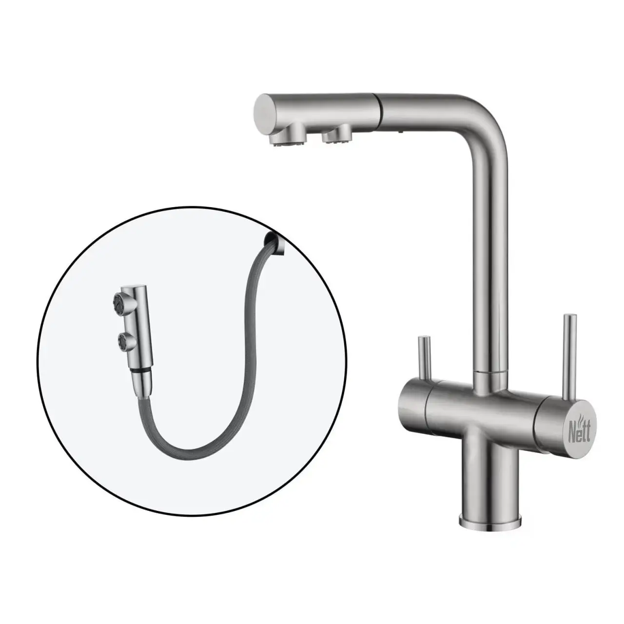 Bateria kuchenna trójdrożna do filtra ze stali z wyciąganą wylewką inox Nett FWS-33
