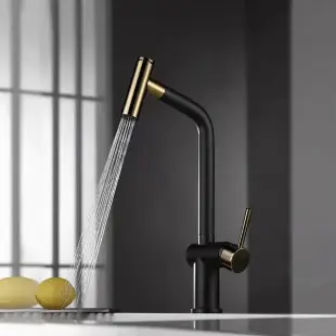 Zloto czarna bateria kuchenna z wyciąganą wylewką ze stali Nett FG-44 foto