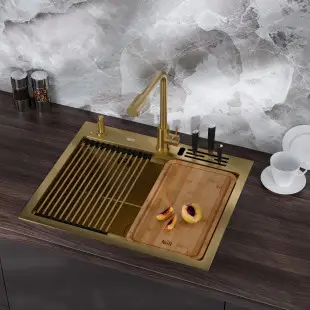 Złoty zlewozmywak do kuchni jednokomorowy stalowy nablatowy Nett NG-5747 foto