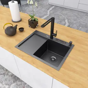 Zlew kuchenny czarny z ociekaczem po lewej stalowy szafki 60 cm Nett NB-6045L foto