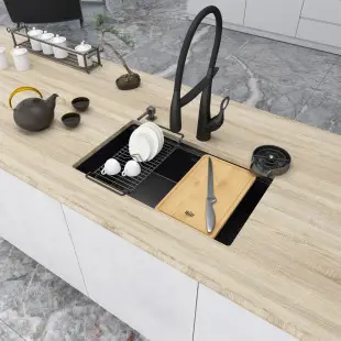 Czarny zlewozmywak kuchenny jednokomorowy stalowy podwieszany Nett NB-7042 foto