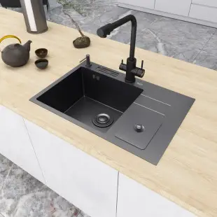 Czarny zlewozmywak kuchenny z ociekaczem póltorakomorowy 70 cm Nett NBM-7047 foto