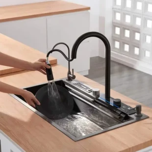 Bateria kuchenna czarna z wodospadem/wyciąganą wylewką ze stali nierdzewnej Nett OB-38 foto