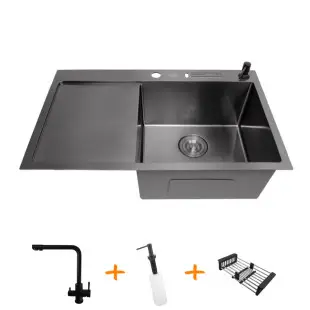 Zestaw czarny zlewozmywak kuchenny i bateria ze stali nierdzewnej NB-7848 foto