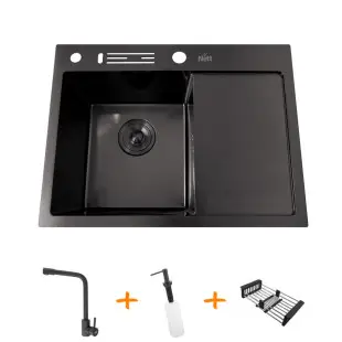 Zestaw czarny zlewozmywak kuchenny i bateria ze stali nierdzewnej NB-6045 foto