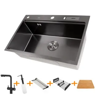 Zestaw czarny zlewozmywak kuchenny i bateria ze stali nierdzewnej NB-7048 foto